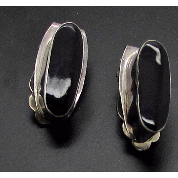 Taxco Black Onyx Clip On Earrings Sterling Silver Oval Mexico 925 - Picture 2 of 4